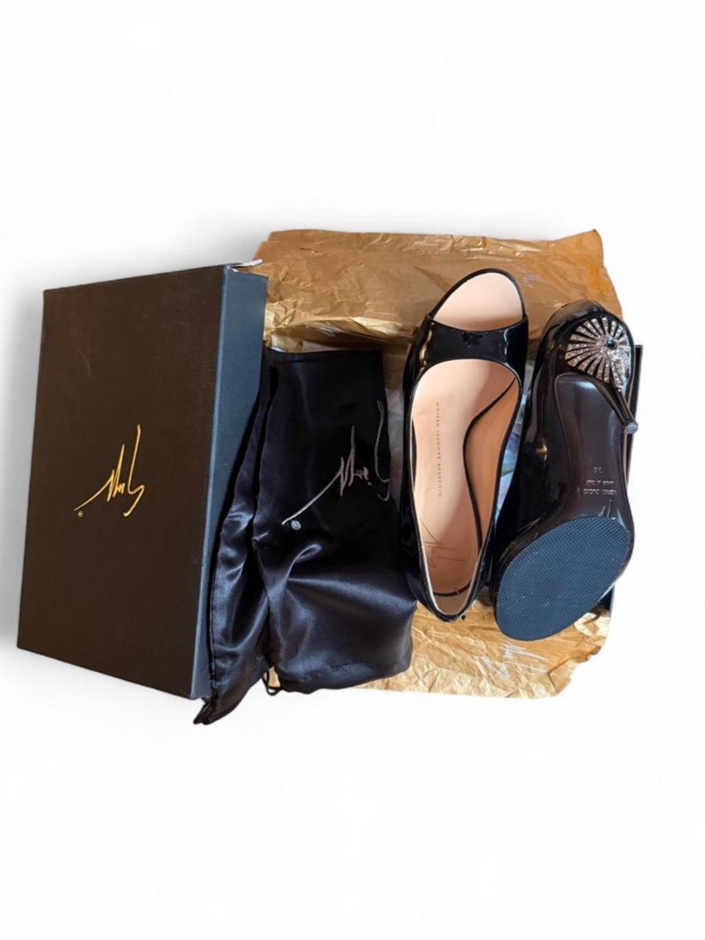 Giuseppe Zanotti Black Patent Peep-Toe Heels with Crystal Medallion
